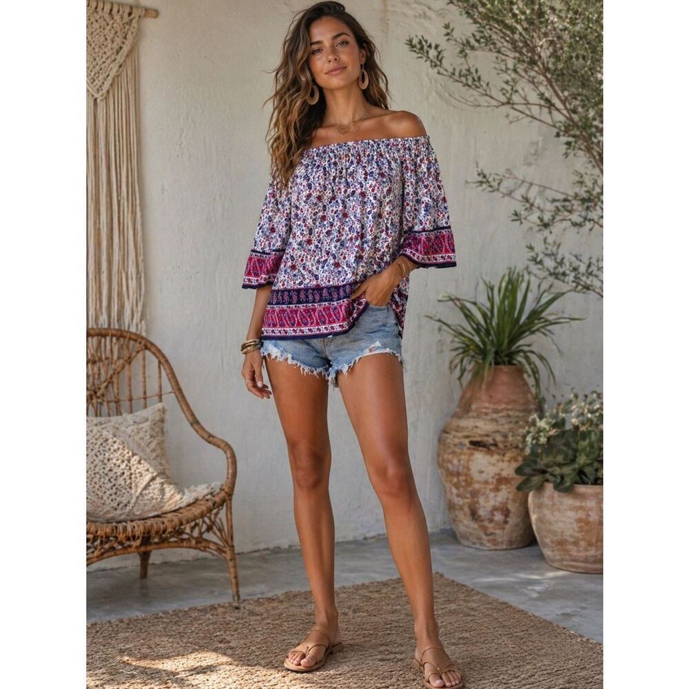 Boho Chic Off-Shoulder Floral Border Print Top - White, Pink & Navy